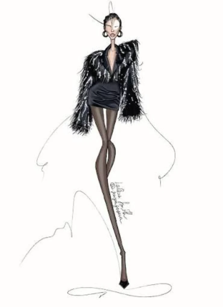 Fashion-иллюстрация: вечерний образ с жакетом из перьев